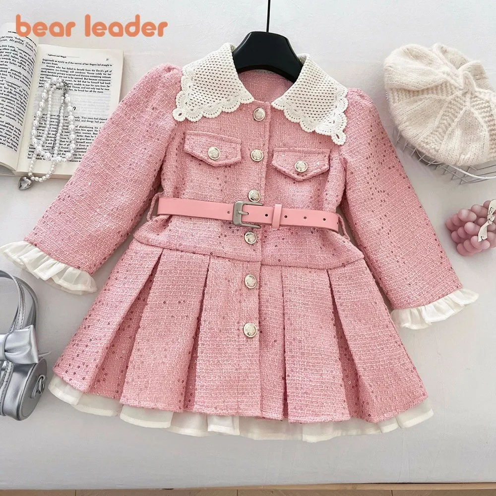 Bear Leader Korean Version Sweet Long Sleeved Kids Clothes Autumn Winter Fashion Elegant Lace Lapel Sequin Girl Princess Dress