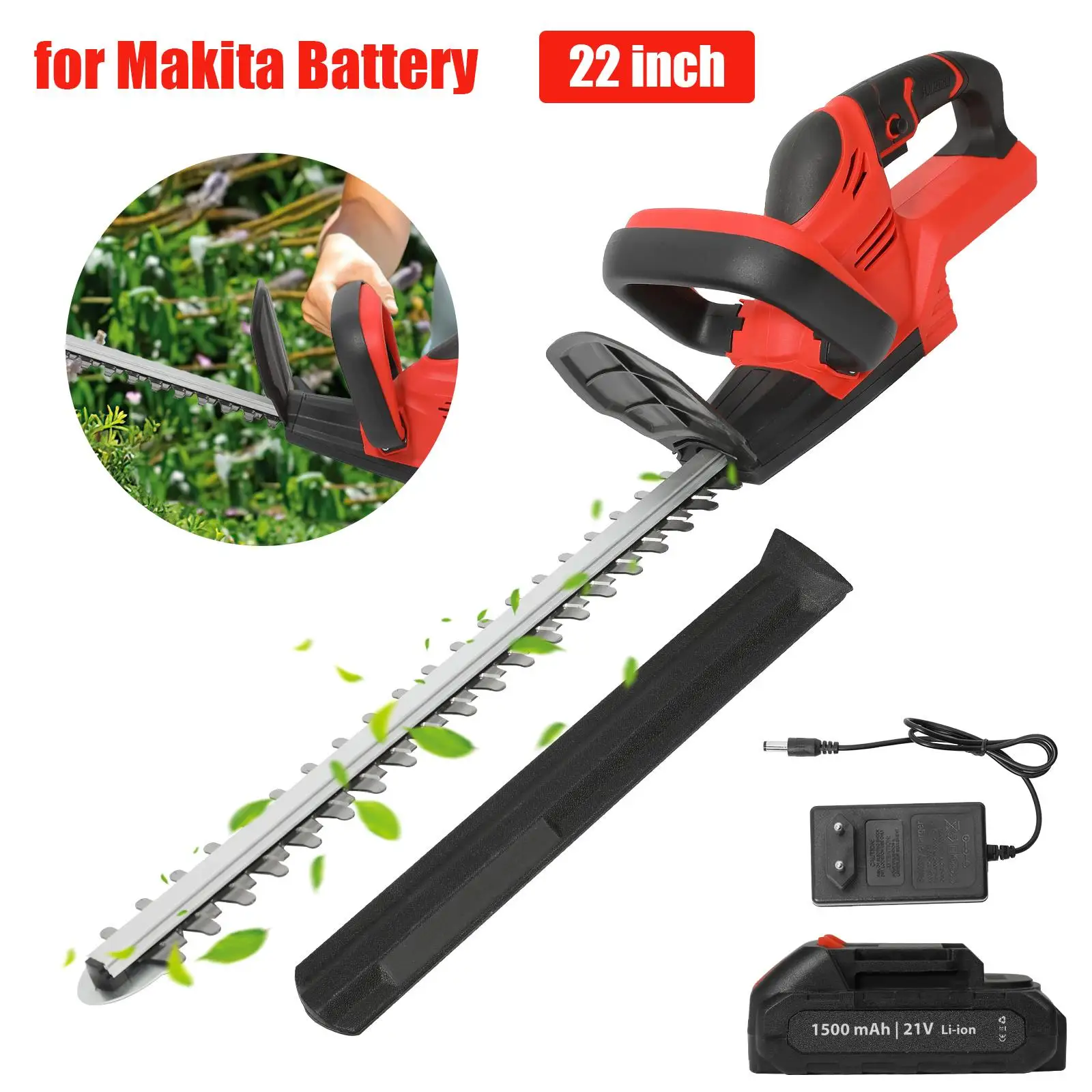 Image of Tagliasiepi elettrico a batteria da 21 V Tagliasiepi elettrico da 22 pollici con batteria da 3,0 Ah e caricabatterie con lama a doppia azione Capacità di taglio da 3/5 pollici cod004