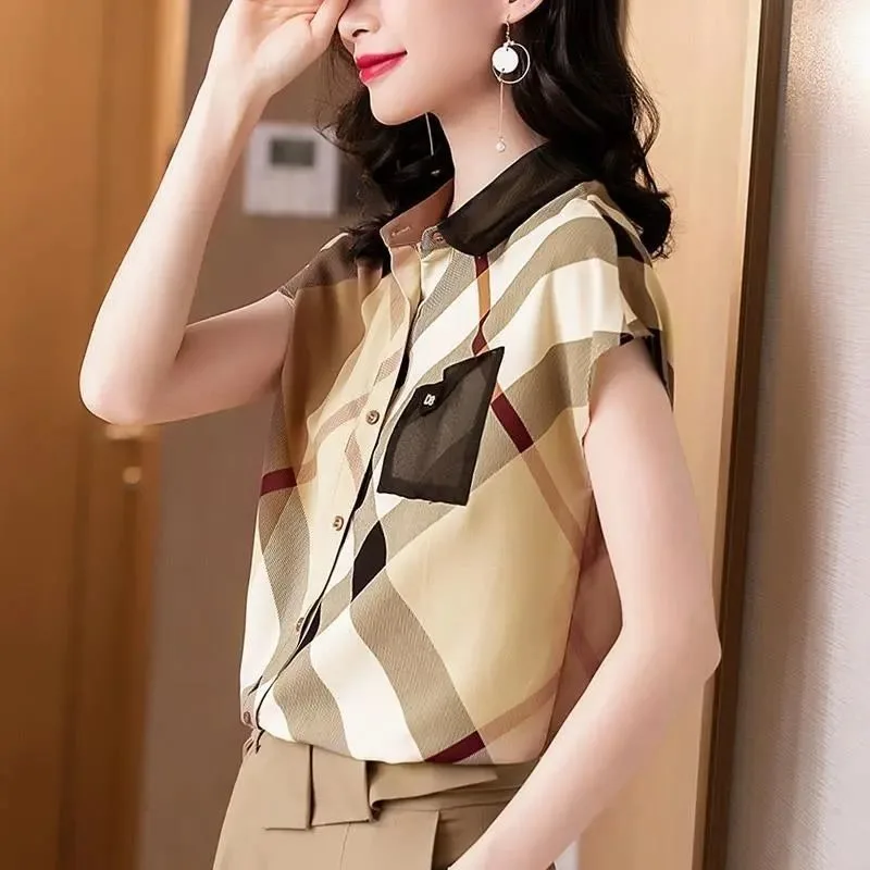 

Summer Blouse Chiffon Office Korean Fashion Style Polo-neck Plaid Shirt Youth Casual Short Sleeve Striped Office Wear Clothing