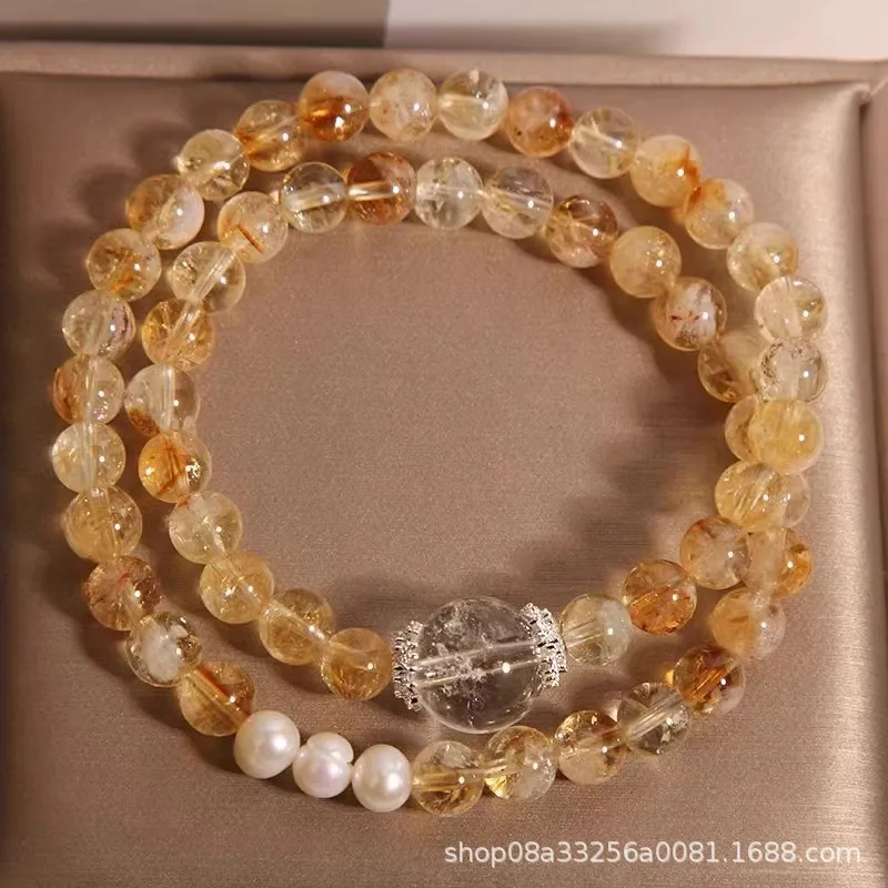 Women's Multi Layer Citrine Bracelet For Daily Wear Luck Fortune Gift Natural Citrine Clear Quartz Pearl Beaded Wrist Jewelry