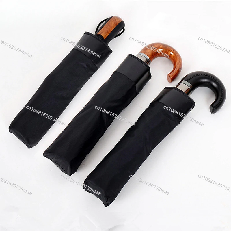 Automatic Elephant Umbrella, Leather Imitation Wooden Handle, Ten Bones, Pure Black, Automatic Three-folding Umbrella