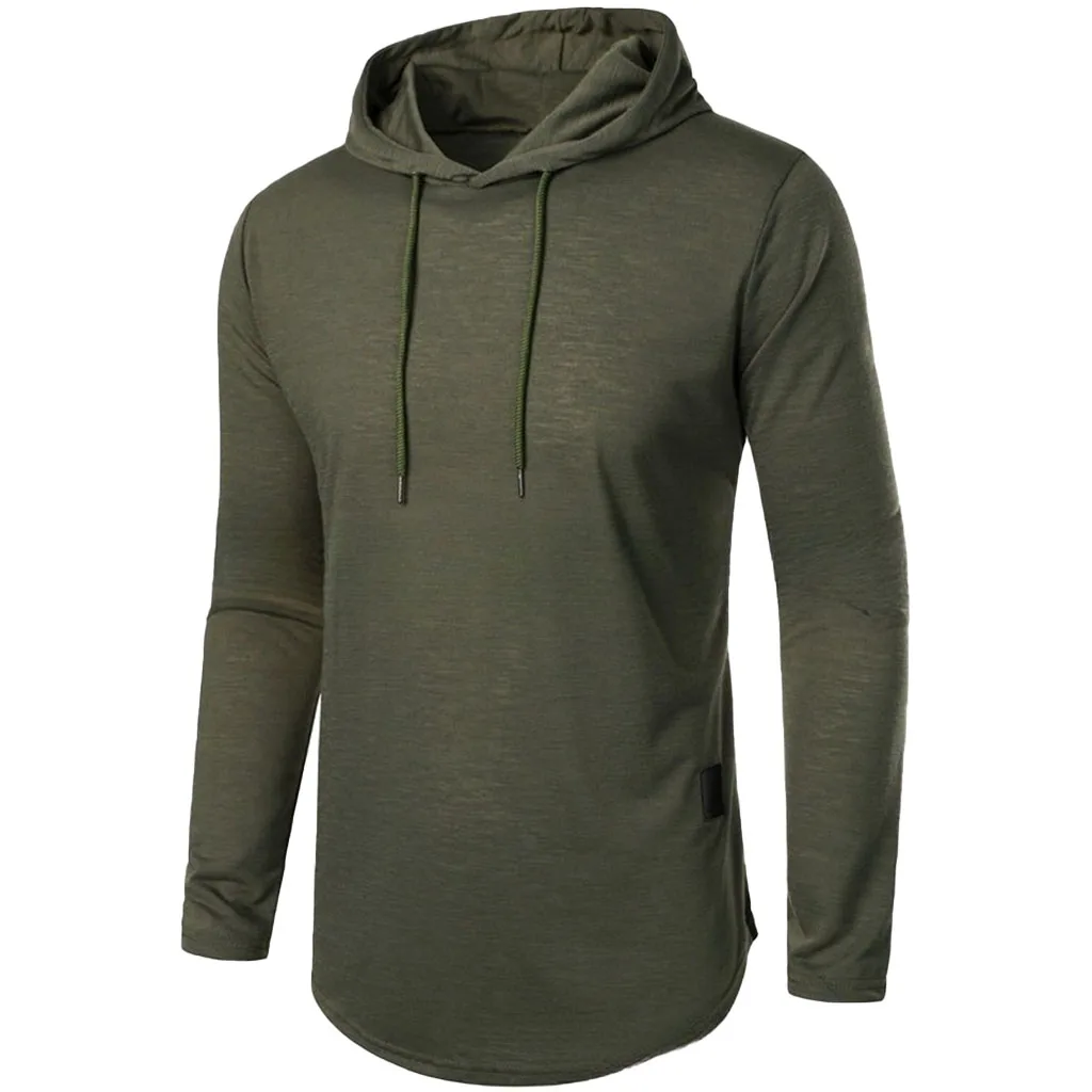 Herren-Langarm-T-Shirt mit Kapuze, Kordelzug, Baumwolle, lässig, gemütlich, einfarbig, schmale Passform, für Herren, Sport, Fitness, atmungsaktiv – Detail 6