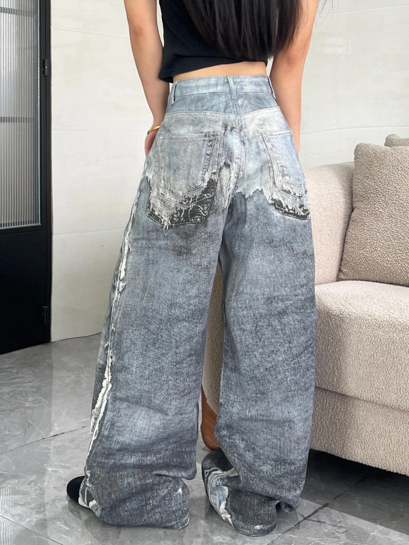 European And American Street Style Imitation Fringed Printed Women's Denim Pants, High Waisted Loose Hanging Wide Leg Pants