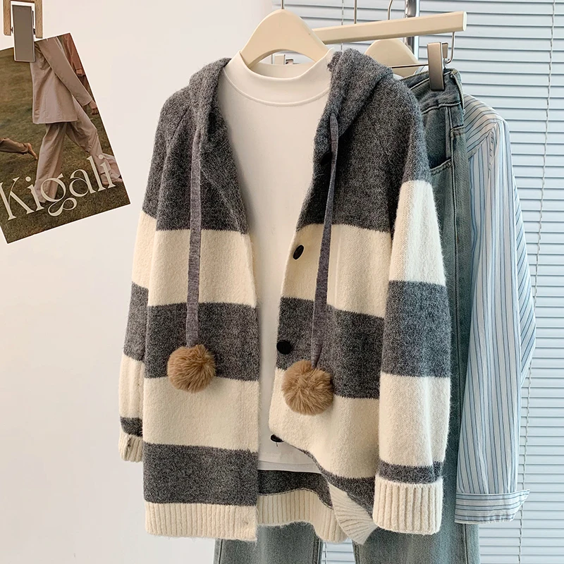 

Retro Purple Striped Hooded Sweater Women's Autumn And Winter New Loose Lazy Wind Sweater Coat