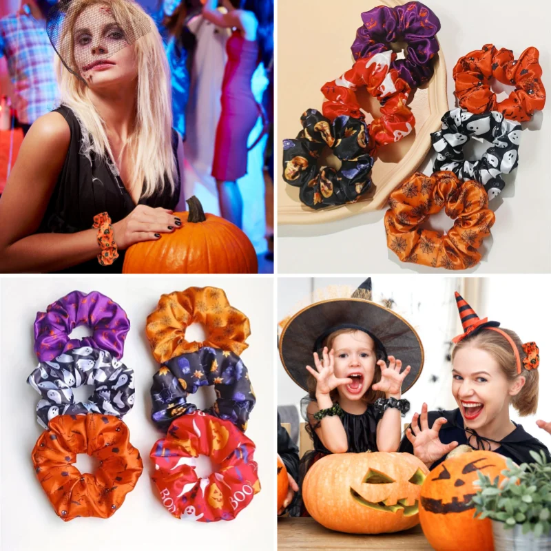 1/6pcs Halloween Scrunchie Spooky Pumpkin Ghost Bat Prints Hair Ties Women Hair Rope Elastic Headwear Hair Accessories Set Gifts