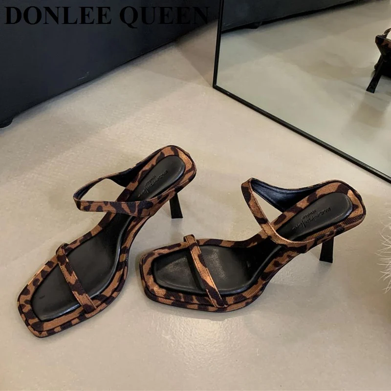 2024 Summer Slippers Slides New One-strap Back Empty Female Fashion Decorated Leopard Print High Heel Pumps Printed Sandal Mujer