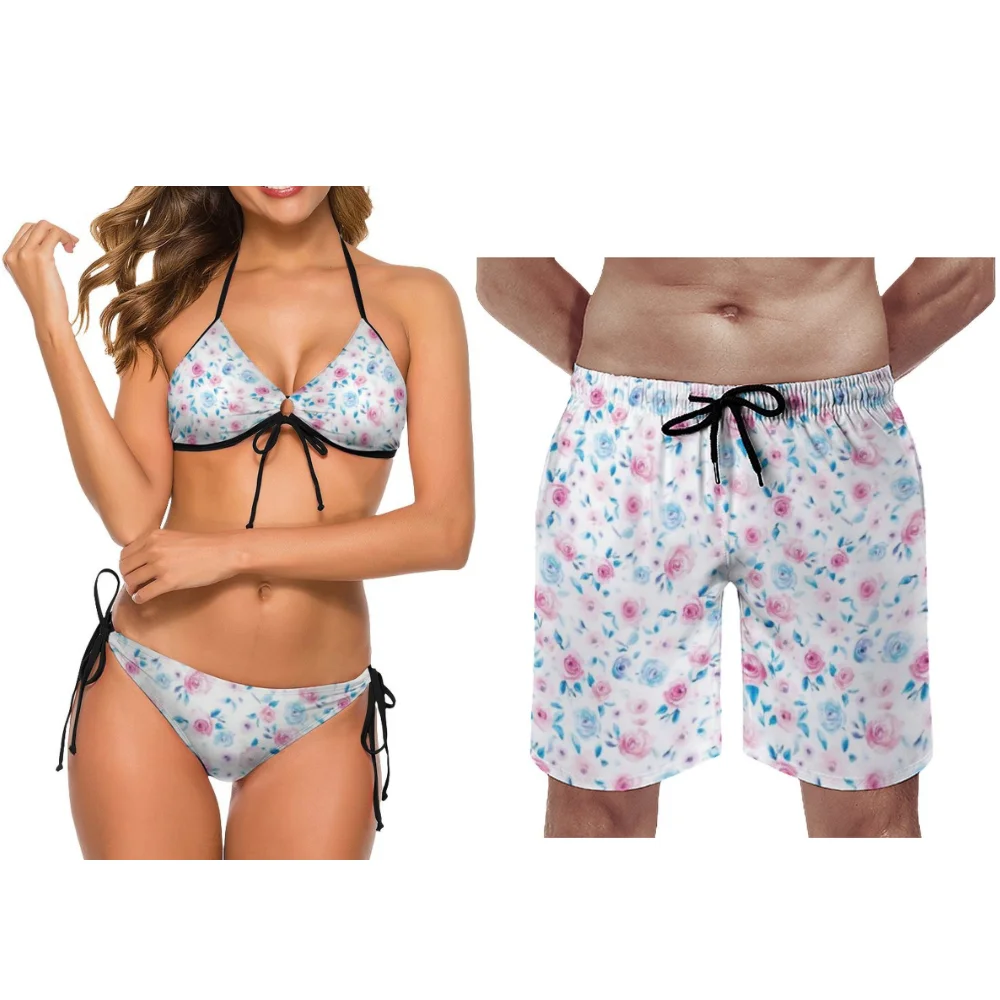 Summer Style Beach Couple Outfits With Floral Patterns Personalized Customized Bikini Beach Pants Couple Swimsuits