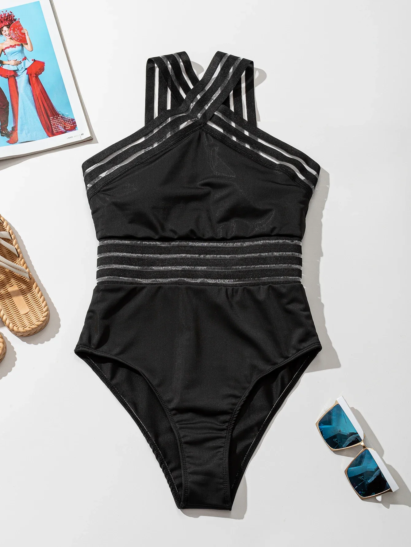 2024 women one piece swimsuit sexy Mesh splicing swimwear push up bathing suits solid halter female beachwear Monokini Bodysuit