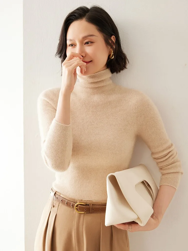 Camisola de caxemira sem costura, gola alta, fina, com cordão, cor sólida, manga comprida, camisa de fundo de malha