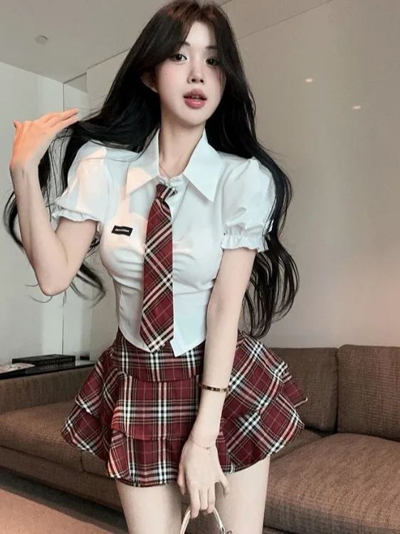 Sweet Spicy Girl Uniform Set Women's Summer School Style Fashion Age Reduction Waist Cinch Short Sleeve Shirt High Waist Plai...