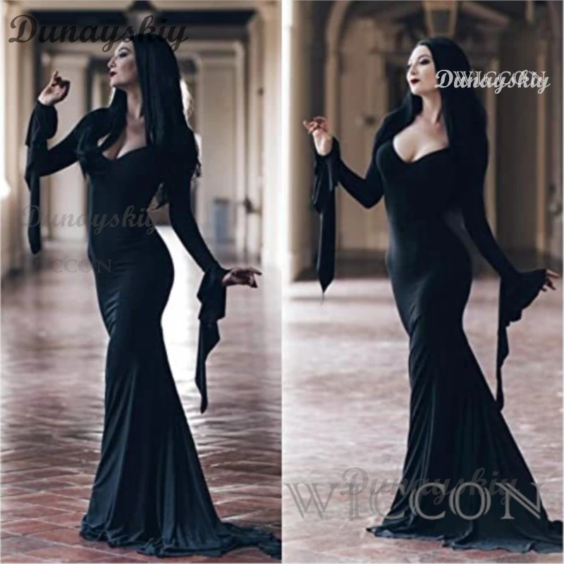 Wednesday Morticia Addams Cosplay Costume Halloween Sexy Dress Wig  Adult Women Punk Gothic Witch Lace Up Slim Gown Dress XXXL