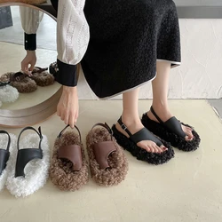 Fashion Womens Shoes 2024 Female Sandal Flip Flops Platform Round Toe Fur Heels Luxury Spring Low Girls Outside Flat Corrective