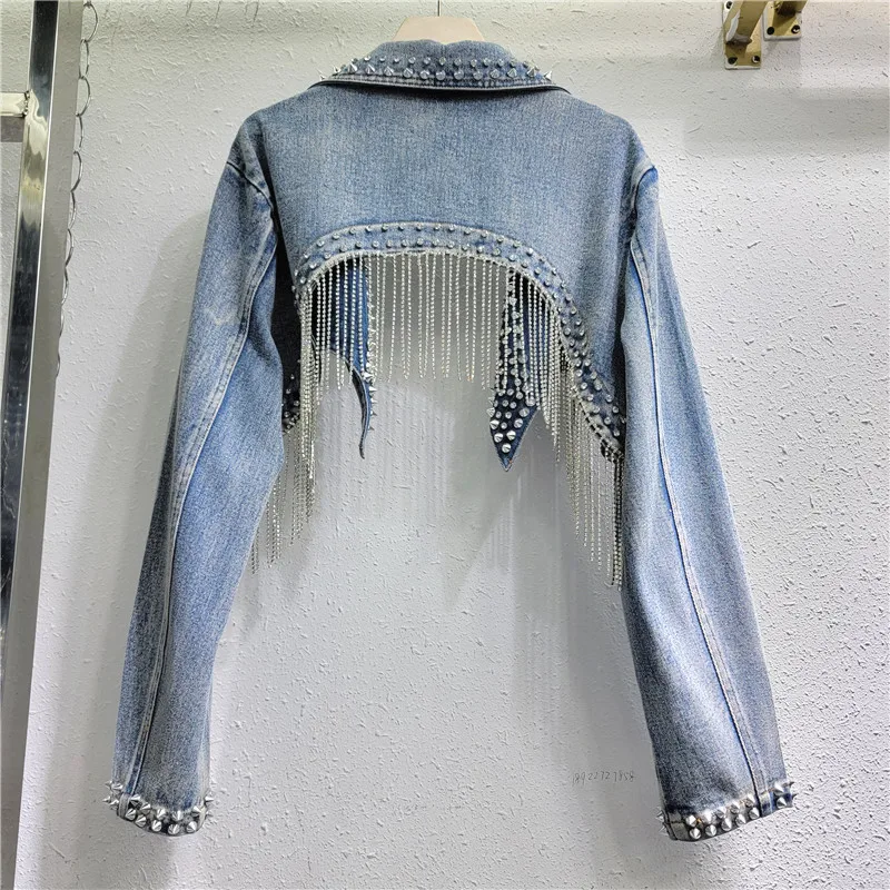 Heavy Work Rivet Beaded Diamond Tassels High Waist Slim Short Denim Jacket Lapel Long Sleeve Cowboy Cardigan Female Streetwear