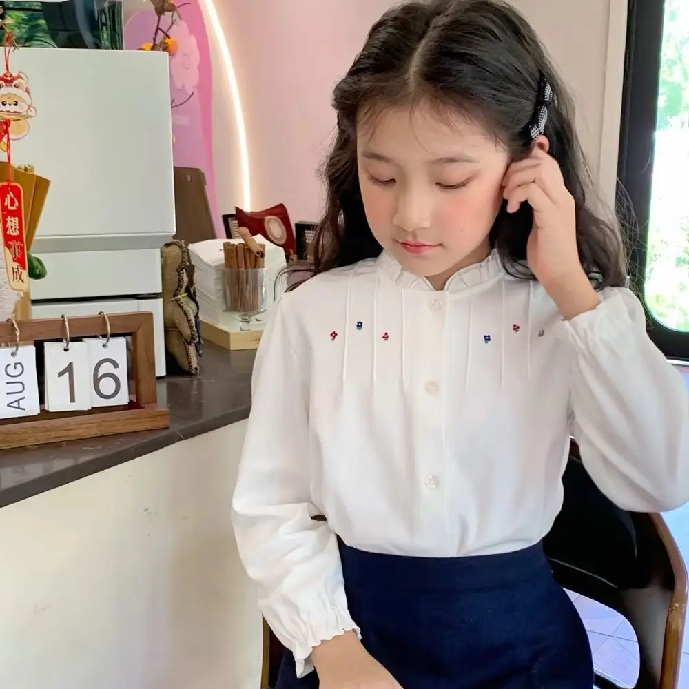 

kids girl clothes baby tops cotton shirts Small flower pattern embroidery Sweet girl's shirt long-sleeved top