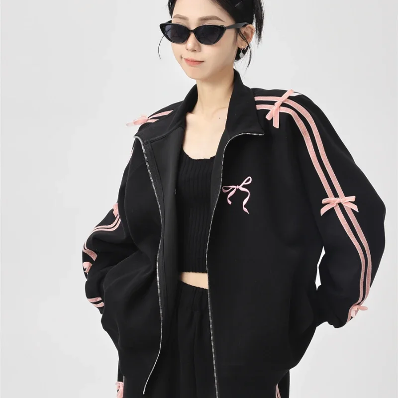 Y2k Korean Winter New Sweet Girl Bow Suit Women's Casual Fashion Loose Thin Coat Wide Leg Pants Straight Pants Two Piece Suit