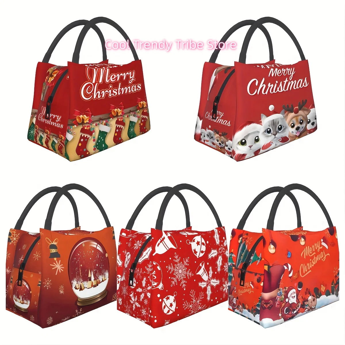 Merry Christmas Cooler Bag: Festive Design for Camping, Picnics, and Beaches - 11x6.3x6.7 in - Reusable Insulated Lunch Bag - Pe