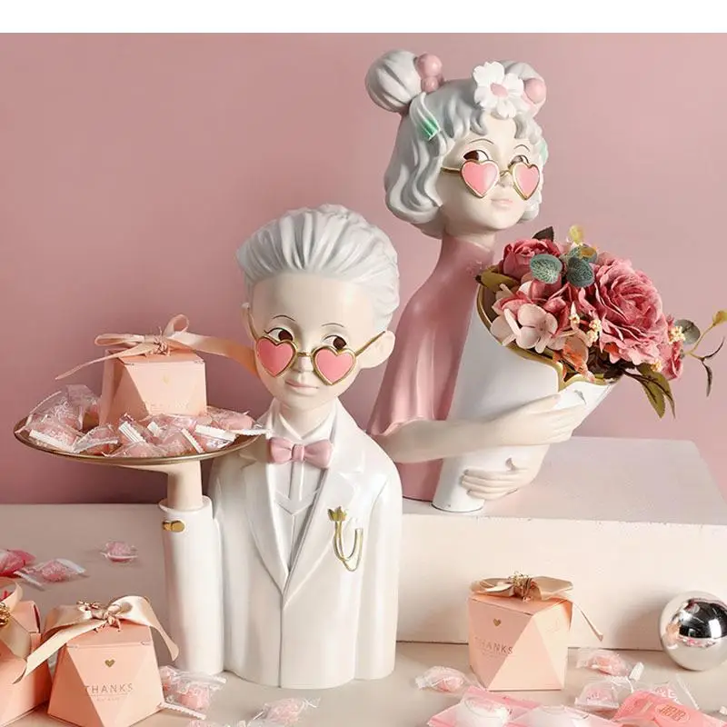 Couples Flower Arrangement Resin Figurines Desk Decor Storage Ornaments Lovers Sculpture Wedding Gifts Living Room Decoration