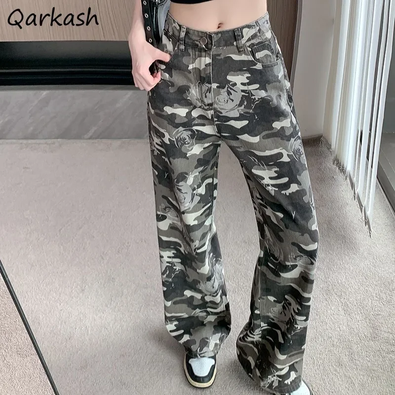 Vintage Pants for Women Straight Ins Rose Camouflage Chic Spring Autumn Full Length College Young Cool Students All-match Niche