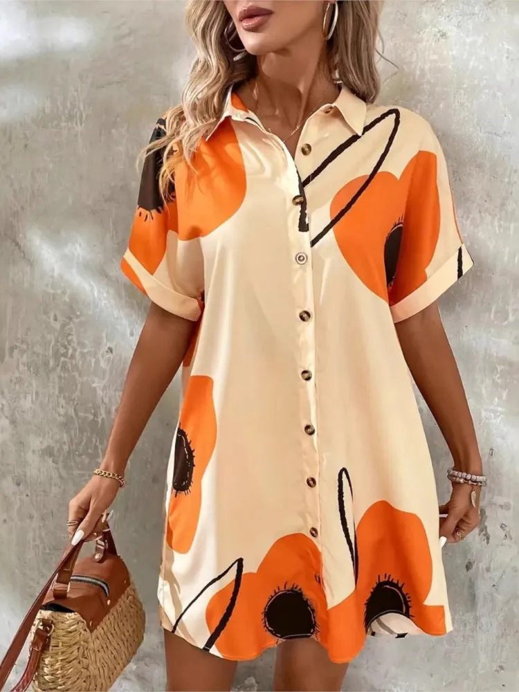 

2025 Summer Flower Print Mini Dress Women Fashion Casual Button Vacation Beach Short Sleeve Streetwear Loose Sexy Shirts Dresses