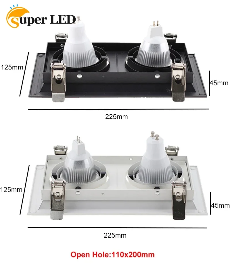 Spot Lumineux LED GU10 Carré Blanc et Noir avec Cadre de 105mm, Idéal pour le Plafond