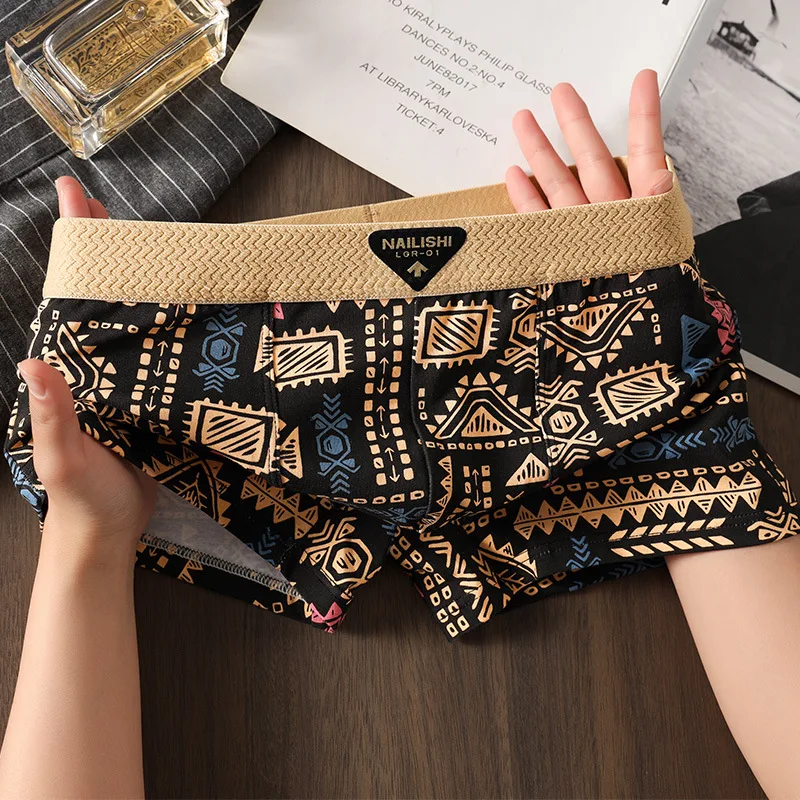 3 Pieces Mens Comfortable Breathable Boxer Shorts Trendy American Retro Ethnic Pattern Mid Waist Mens Boxers