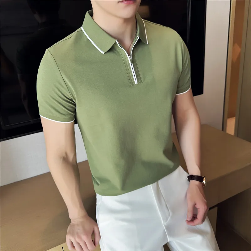 Summer Fashion Color Blocking Half Zip Polo Shirt for Men Short Sleeved Lapel T-shirt Casual Business Polo Tee Tops White Black