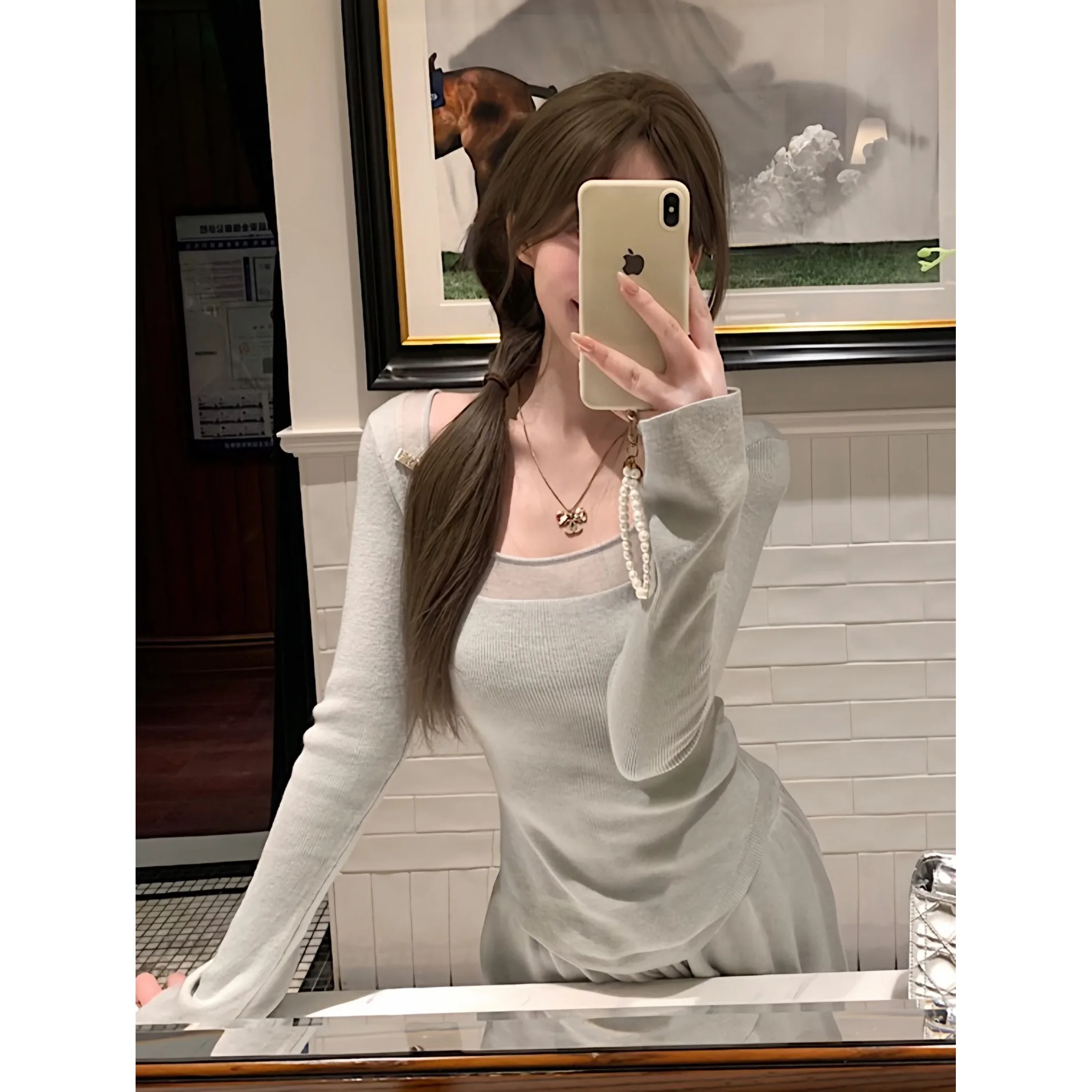 Damen Slim Fit Hemd mit quadratischem Kragen und halbtransparenter Basis, französischer Pure Desire-Baumwollmischung, schicker Langarm-Strickpullover