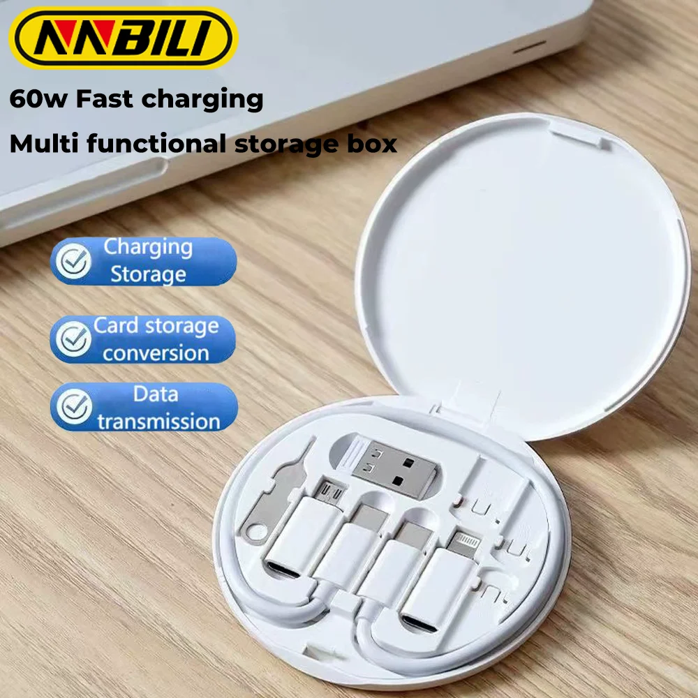 Portable Multifunctional Data Cable Storage Box, 60W Fast Charging Mobile Phone Holder, Charging Cable Set, Multi Head Conversio