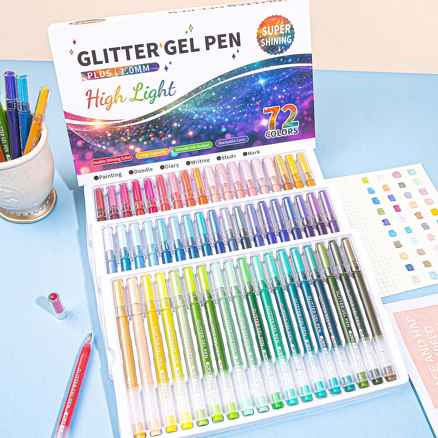 

72/6 Colors Glitter Effects Gel Pen 1.0mm Metallic Ink Large Capacity Writing Pen Painting Drawing Art Marking School Stationery