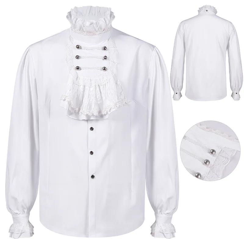 Men's Double Button Pleated Pirate Shirt Medieval Gothic Renaissance Cosplay Costume Steampunk Victorian Top