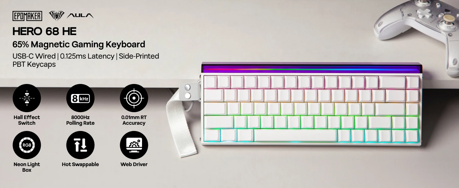 AULA Hero68 HE 65% ANSI QWERTY Layout Wired Magnetic Gaming Keyboard Hot-Swap with 8kHZ Rapid Hall Effect Switch RGB Backlight