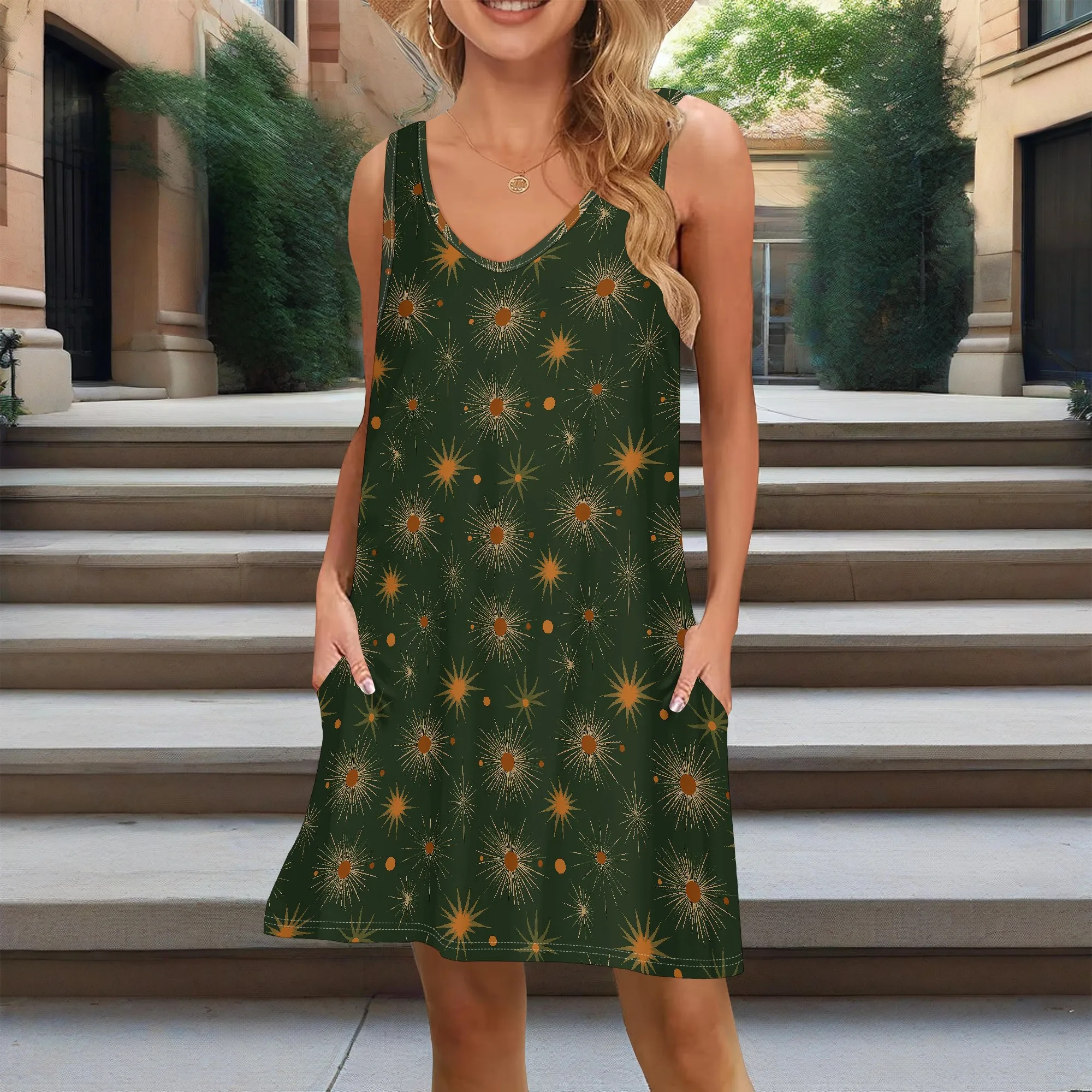 

Holiday Starburst Print Dress Sleeveless V-Neck A-Line with Pockets XS-2XL for Christmas Party or Winter Gathering