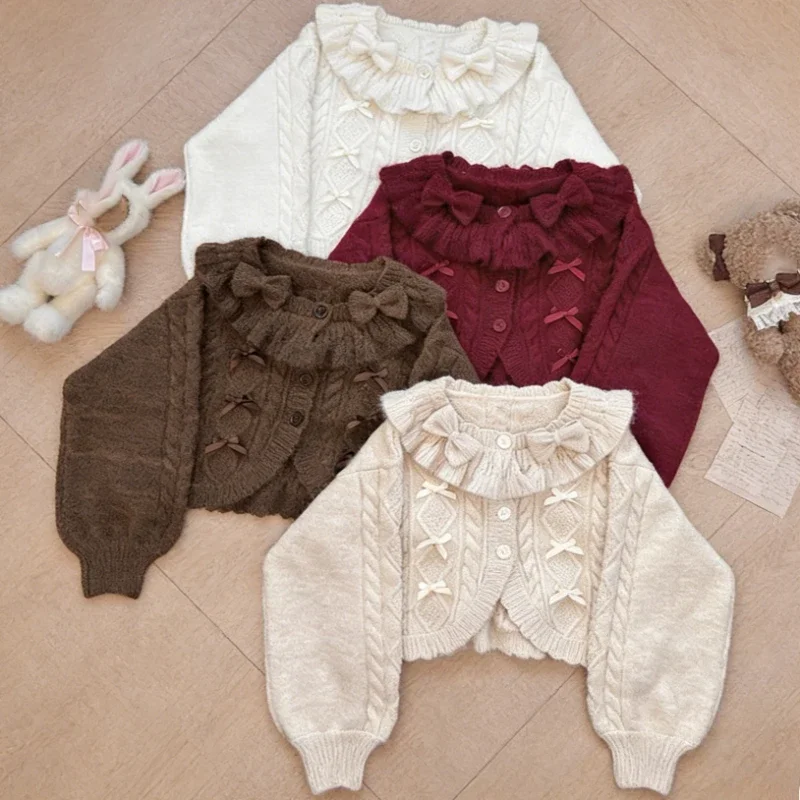 

Japanese Kawaii Lolita Style Knitted Short Cardigan Women Casual Cute Bow Sweater Short Tops Korean Girls Sweet Y2k Cropped Coat