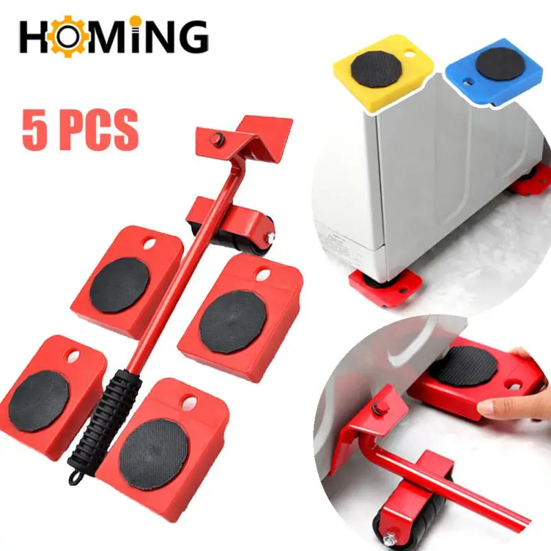 5 Pcs Furniture Moving Transport Roller Set Removal Lifting Moving Tool Set Wheel Bar Mover Moving Heavy Stuffs Device Hand Tool