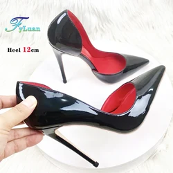 Fashion Side Empty Women Single Shoes 8CM 10CM 12CM Summer Pointy Toe Work Pumps Black Leather Shallow Mouth Female High Heels