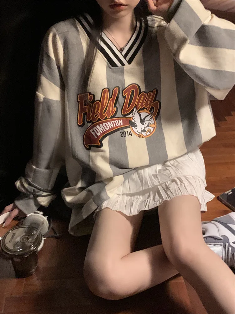 Women's V‑Neck Striped Color‑block Baseball Long‑sleeve Sweatshirt, Spring New Arrival, Loose‑fit Sporty Casual Mid‑length Top