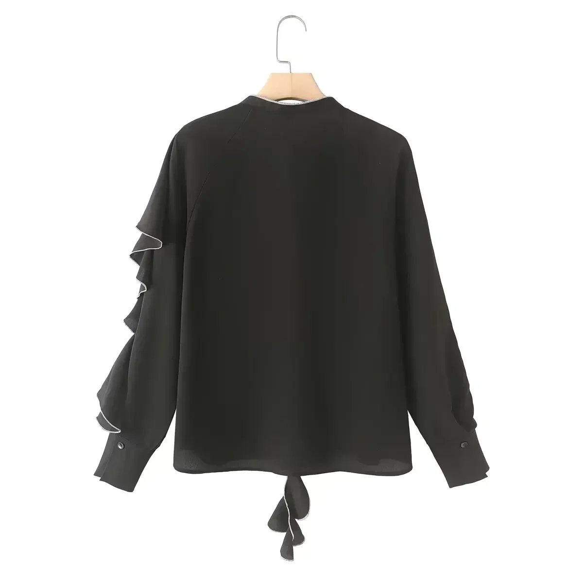 Women's new fashion layered decoration black casual single breasted contrasting shirt retro long sleeved women's shirt chic top