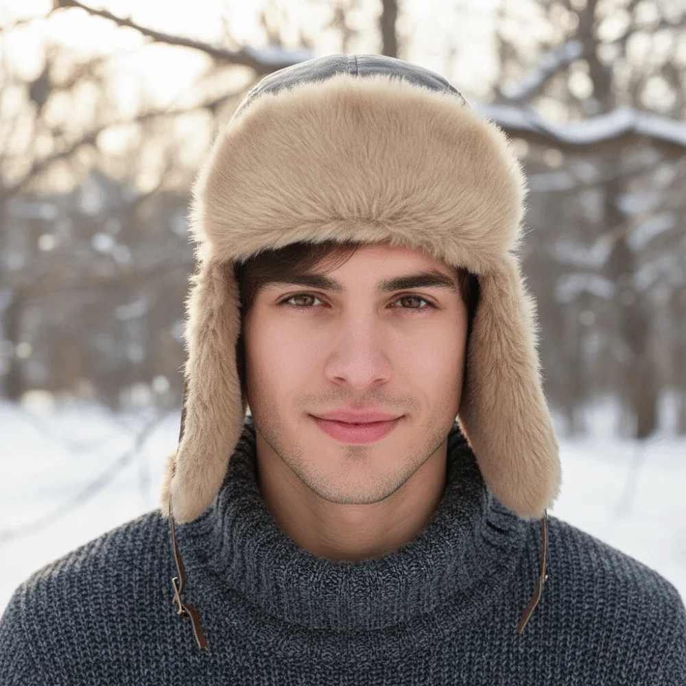 

Casual Pu Leather Winter Pilot Hat Beanie Caps Windproof Cycling Lei Feng Hat Warm Earflap Plush Hat Outdoor