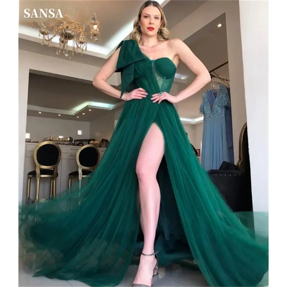 Sansa A-line Tulle Prom Dress One Shoulder Bow Vestidos De Noche Elegant Sleeveless Sexy Side High Split Wedding Dress 2024