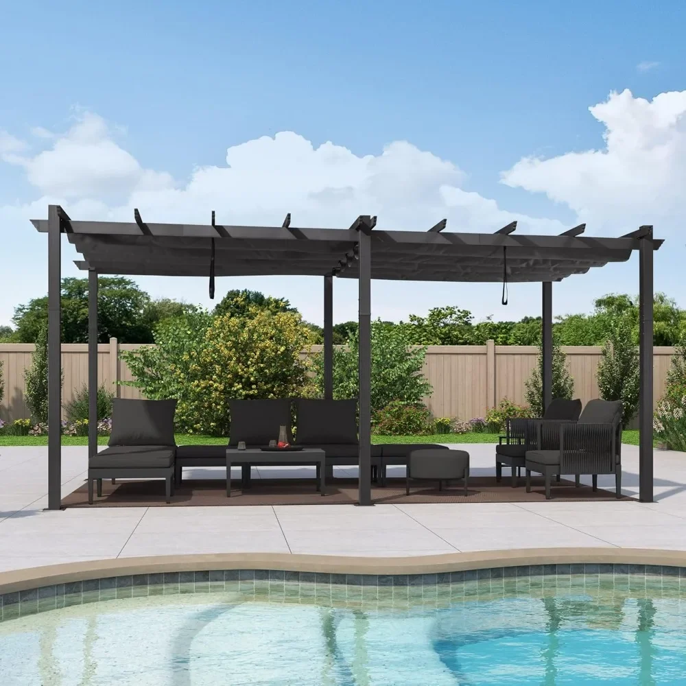 

10' X 18' Outdoor Pergola with Retractable Canopy Aluminum Shelter for Porch Garden Sun Shade Beach Pavilion Grape