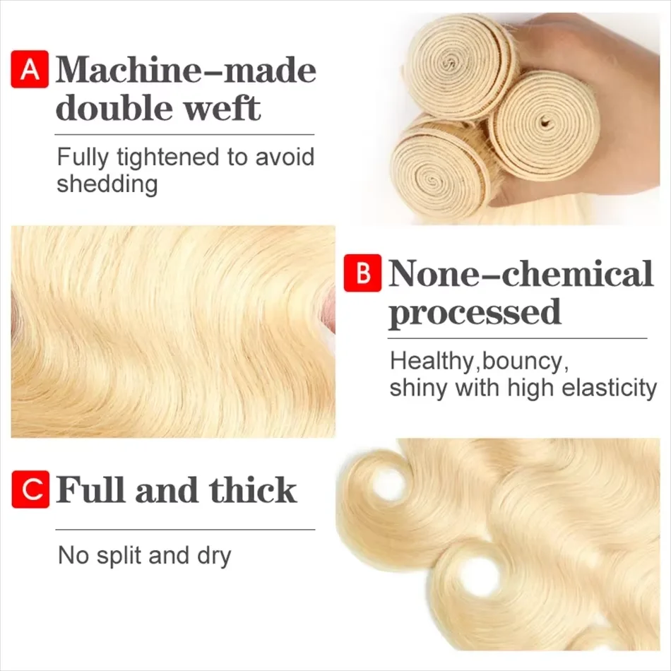 Bundles brésiliens de vague de corps de cheveux humains pour les femmes, 613 blond, vierge, extensions de cheveux, 4 faisceaux, 613