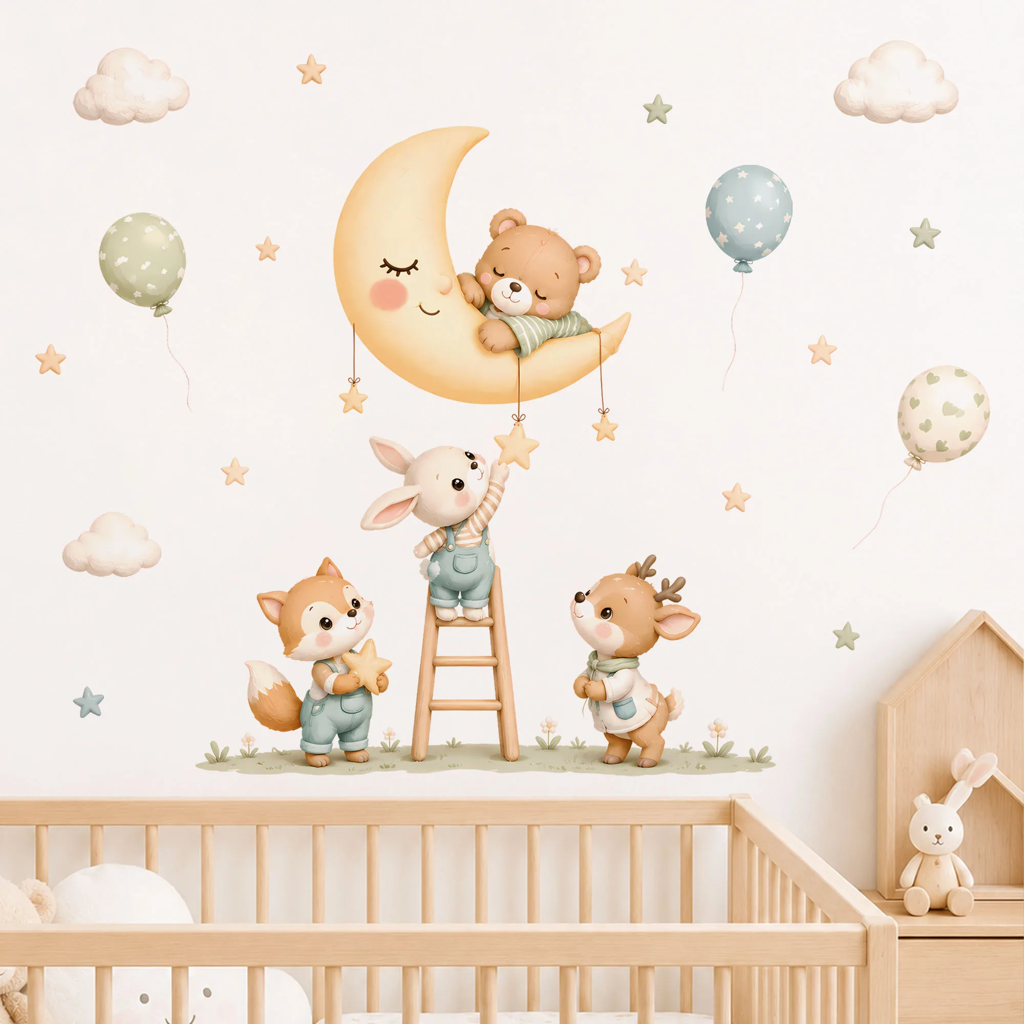 Forest Animal Wall Stickers, Removable Watercolor Star Cloud Balloon Decorations for Children's Rooms, Baby Shower Gifts Decal