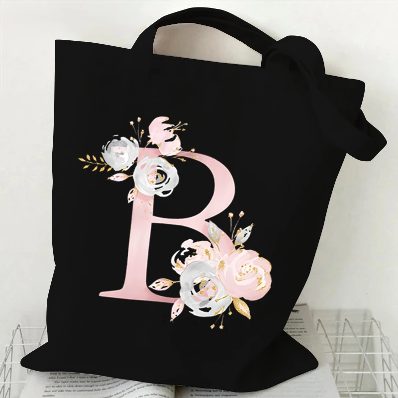 Floral Alphabet A-Z Women Shopping Tote Bags Canvas Large Capacity Student Toiletries Organizers Casual Tote Flower Letter Bags