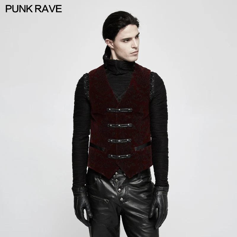 PUNK RAVE Men's Gothic Velvet Vest, Red Polyester Polyamide Printed Waistcoat with Buckle Details Y813 RED
