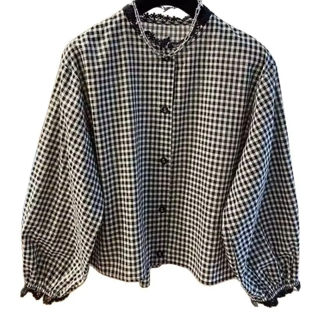 French Style Round Neck Plaid Shirt Long Sleeve Charming Women Shirts Gentle Retro Women Blouse