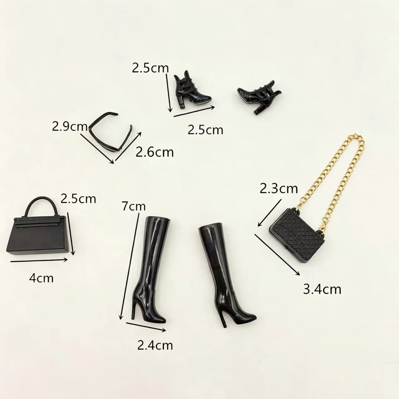 5 pcs Miniature Doll Accessories Set - High Heel Long Boots, Sunglasses, Glasses, Chain Handbag for 11.5inch Doll, Pretend Play