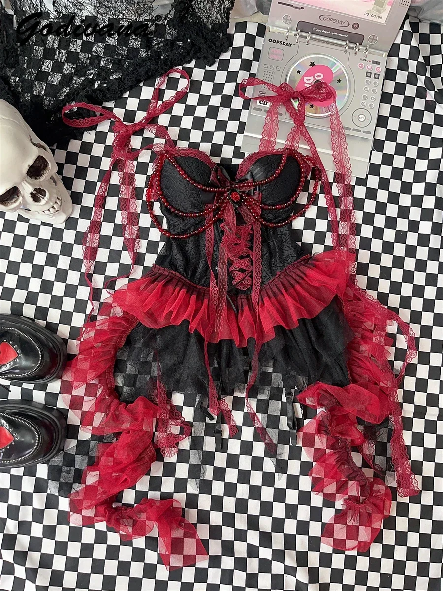 

Gothic Sexy Mini Dress Women's Black and Red Beading Irregular Suspender Bandage See Through Sling Mesh Lace Dresses