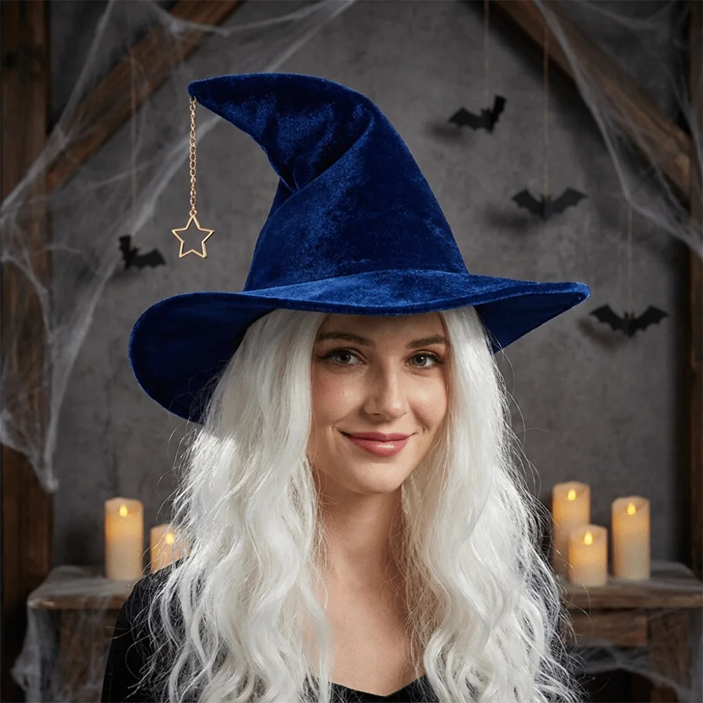 Simple Solid Color Witch Hat Star Pendant Korean Style Wool Bucket Hat Wizard Cap Foldable Halloween Hat Party
