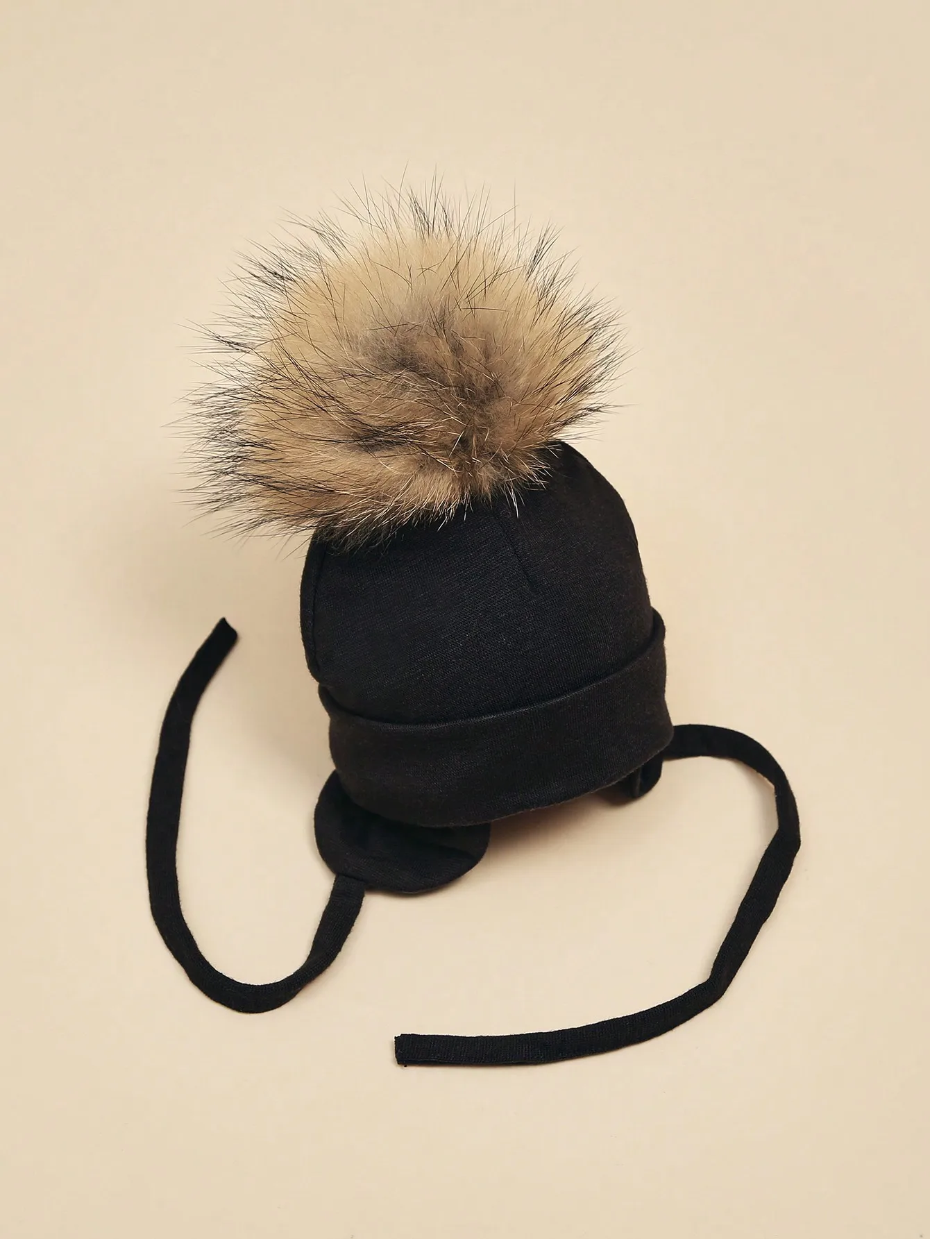 Baby Winter Hat with Real Raccoon Fur Pom Pom, Cotton Ear Protection Tie Warm Cap for 0-18 Months Infants