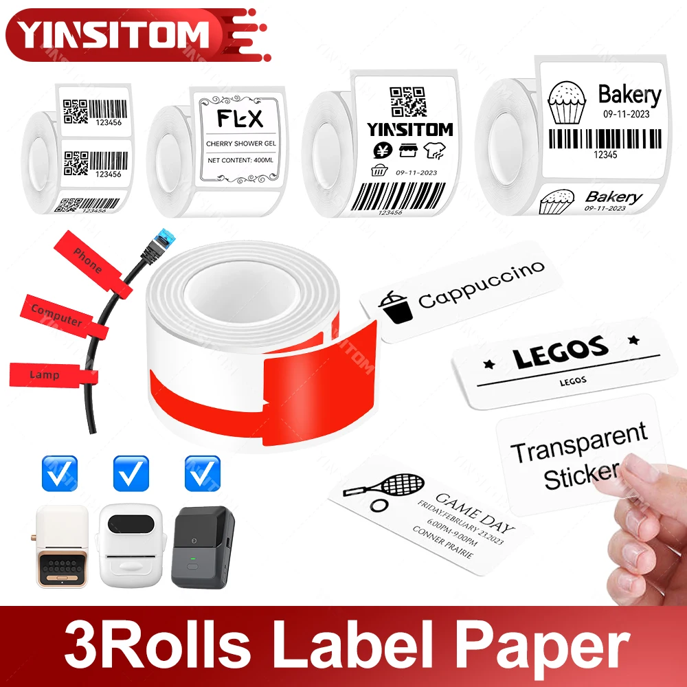 30-50 مللي متر الحرارية لفات الورق ملصق لاصق أوراق أبيض اللون شفافة كابل لفة 3 قطعة مجموعة واحدة لطابعة الملصقات #1